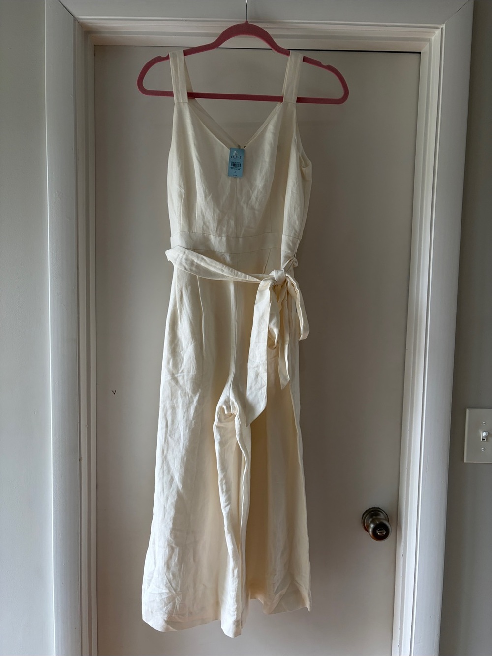 LOFT Cream Sleeveless V-Neck Tie-Waist Jumpsuit